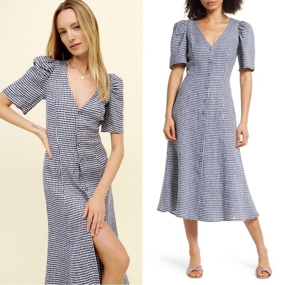 NWT REFORMATION Linen Gingham Check Puff Short Sleeve Button Front Midi Dress 2 - Picture 1 of 6